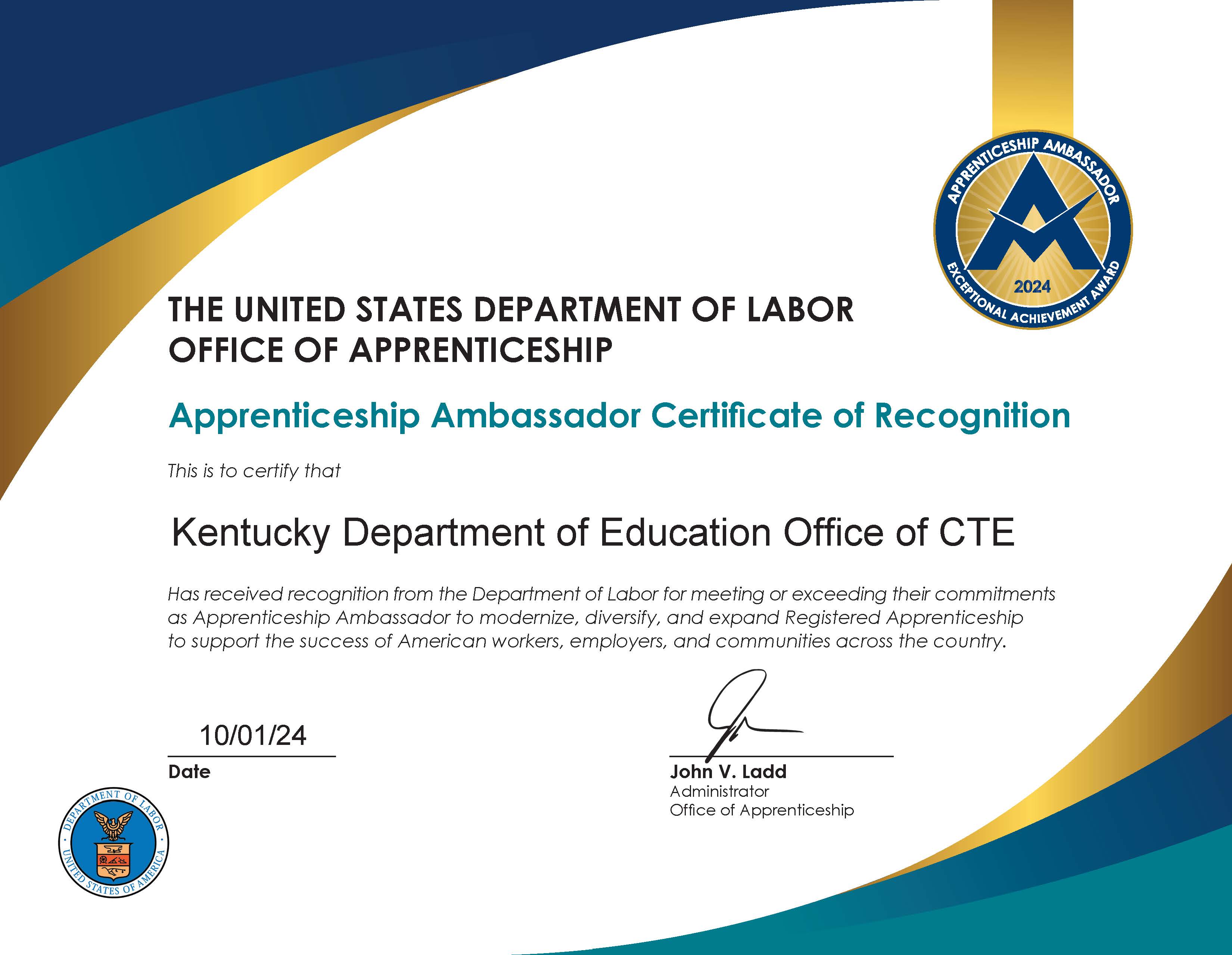 USDOL Certificate of Recognition Link